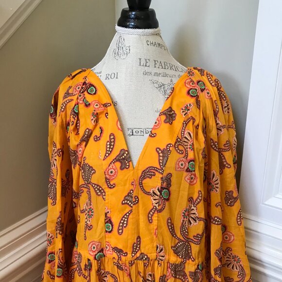 ALC Sayer Midi Dress Womens 14 Yellow Long Sleeve Print Cotton Voile V-Neck - Picture 5 of 13